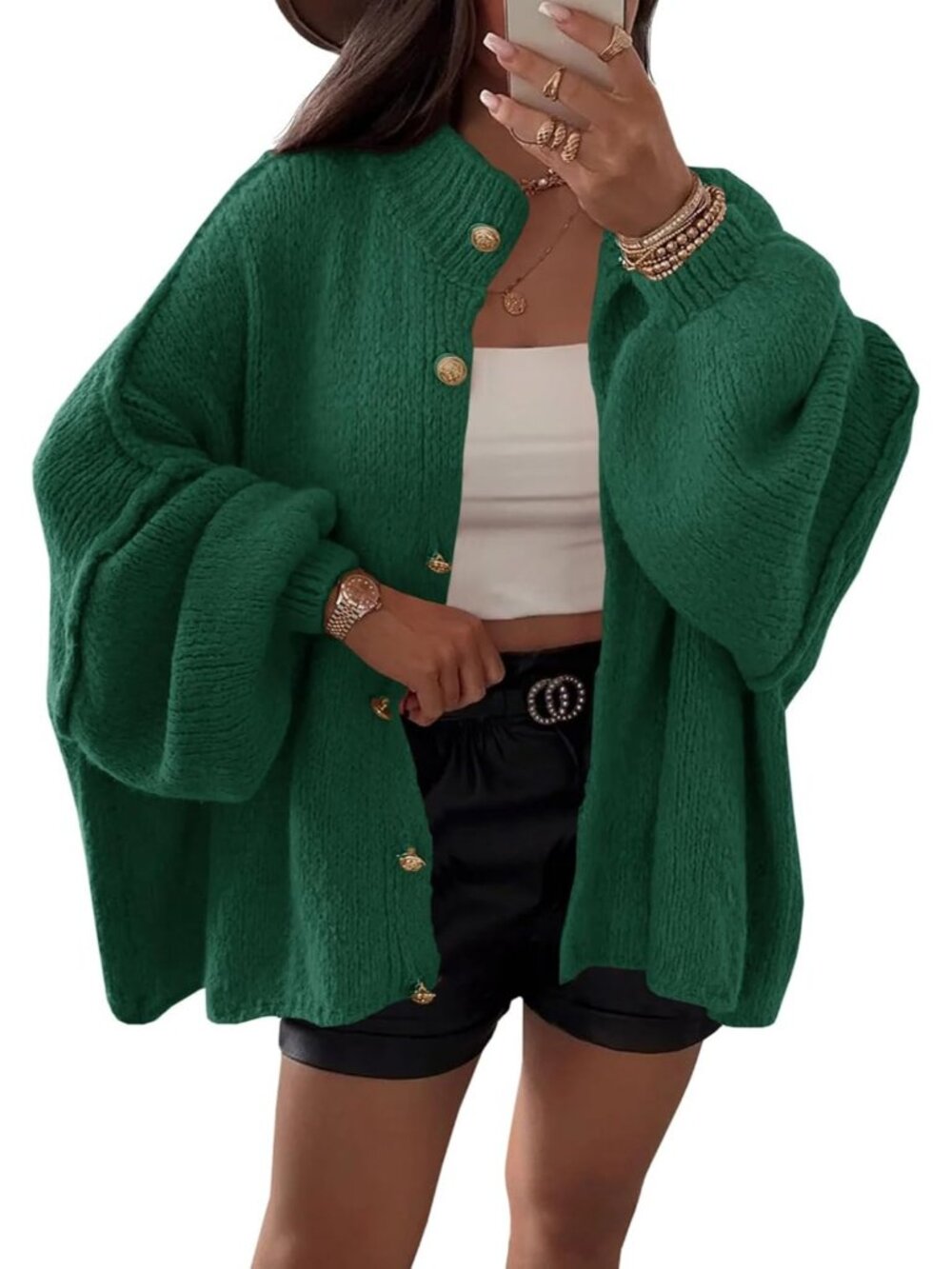 Women's Green Lantern Sleeve Button Down Casual Chunky Knit Cardigan Sweater